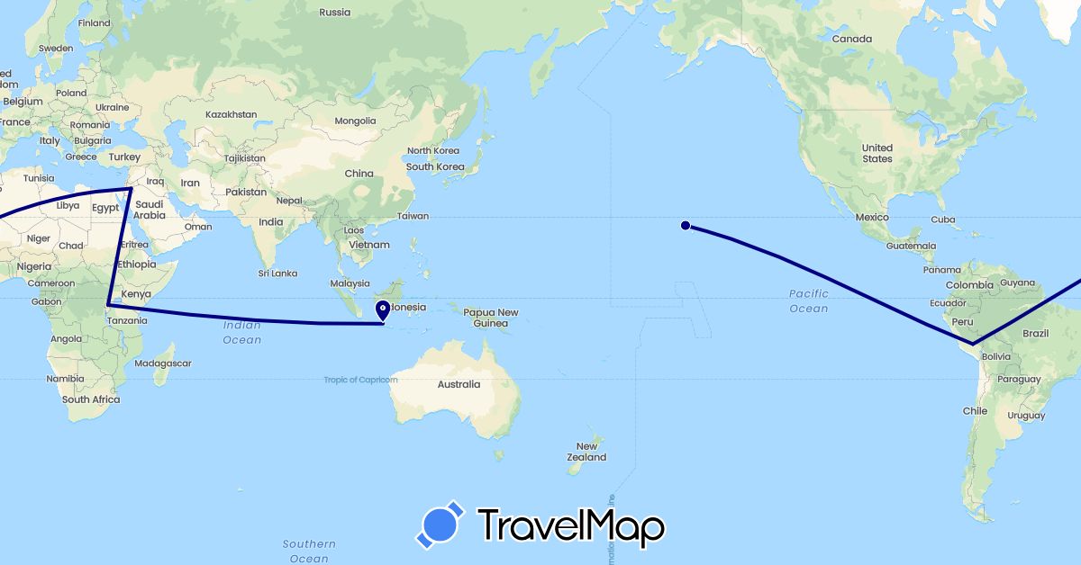 TravelMap itinerary: driving in Jordan, Japan, Peru, Rwanda, United States (Africa, Asia, North America, South America)